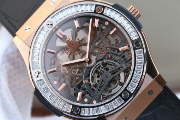 Replica Hublot Classic Fusion Tourbillon 42mm TF RG Skeleton Dial Black Gummy Strap A23J
