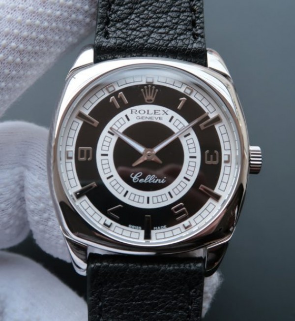 Replica Rolex Cellini Danaos 4243 SS Black/White Dial Black Leather Strap A2824