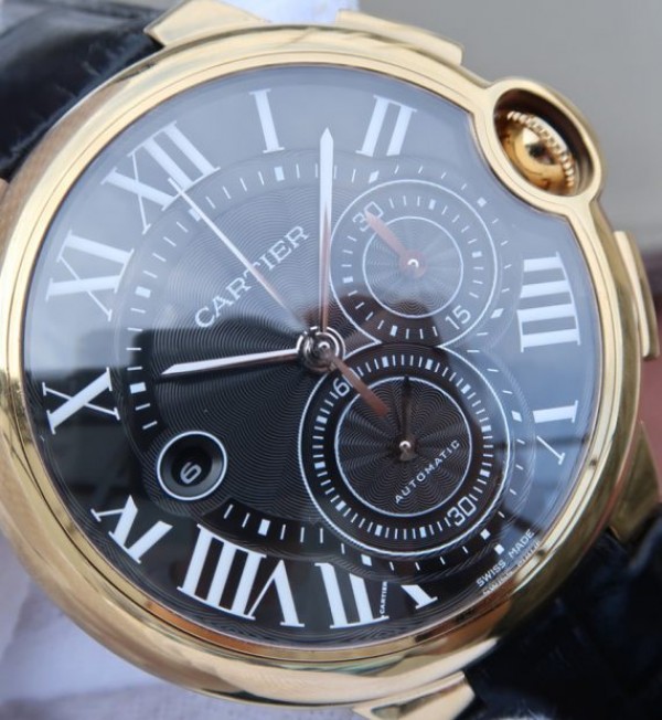 Replica Cartier Ballon Bleu De Cartier Chrono 44mm YG Black Dial Leather Strap A8101