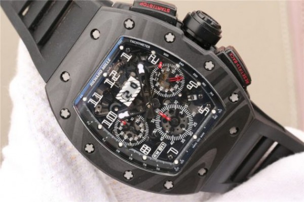 Replica Richard Mille RM011 NTPT Carbon Case Chronograph KVF Crystal Skeleton Dial White Black Rubber Strap A7750