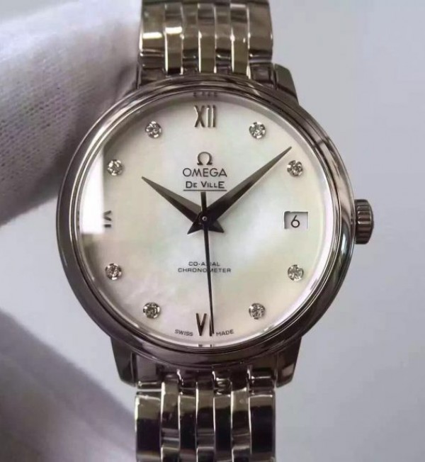 Replica Omega MKF De Ville 33mm Diamonds Markers White Dial SS Bracelet A2824