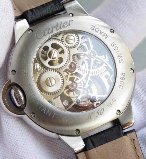 Replica Cartier Ballon Bleu Skeleton Tourbillon Black Dial Black Leather Strap