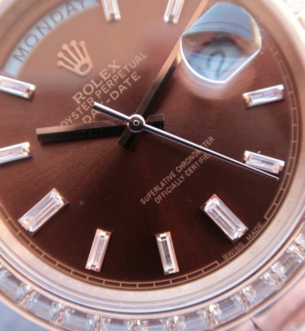 Replica Rolex Day-Date 41mm 218399 RG Brown Dial Diamonds Bezel RG Bracelet A3255