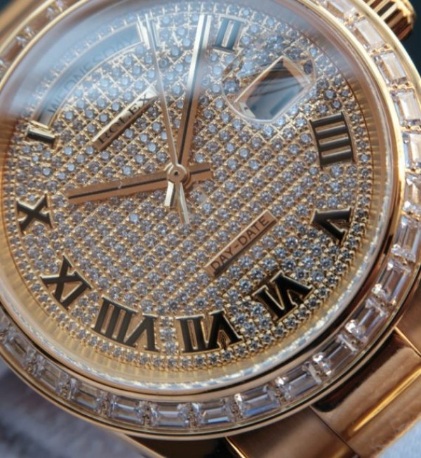 Replica Rolex Day-Date II RG Diamonds Full Bezel/Dial Roman Markers RG Bracelet A3255