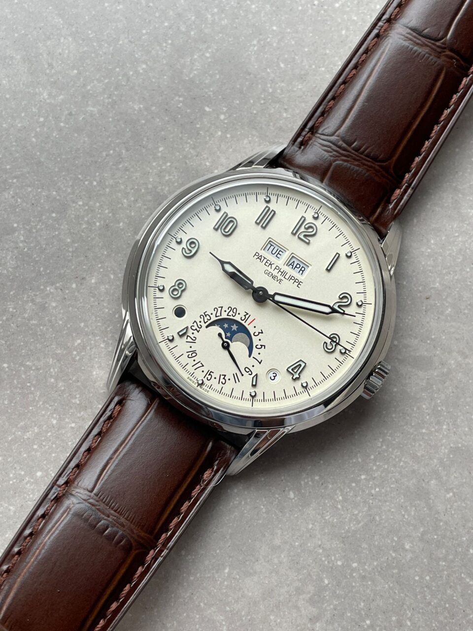 Replica PATEK PHILIPPE Perpetual Calendar 5320G-001 SS GSF 1:1 Best Edition Cream Dial on Brown Leather Strap A324