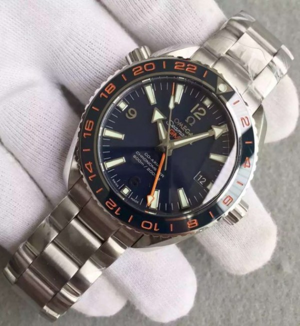 Replica Omega Planet Ocean GMT Goodplanet Blue Bezel Orange Marker Blue Dial SS Bracelet A8605
