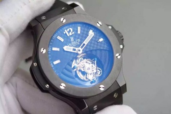 Replica Hublot Big Bang Tourbillon PVD Black Textured Dial Black Rubber Strap