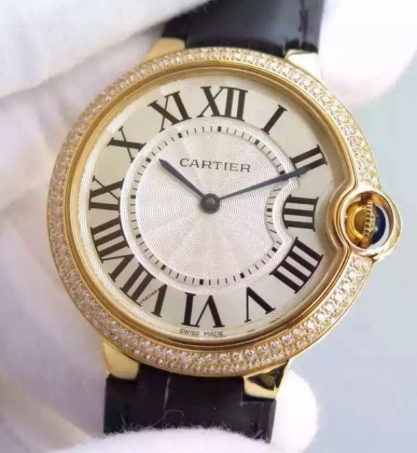 Replica Cartier Ballon Bleu 40mm YG Diamonds Bezel White Dial Leather Strap MIYOTA9015