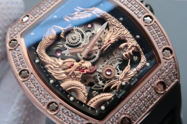 Replica Richard Mille RM057 Dragon Phoenix RG Case Diamonds Bezel RG Dial Black Rubber Strap