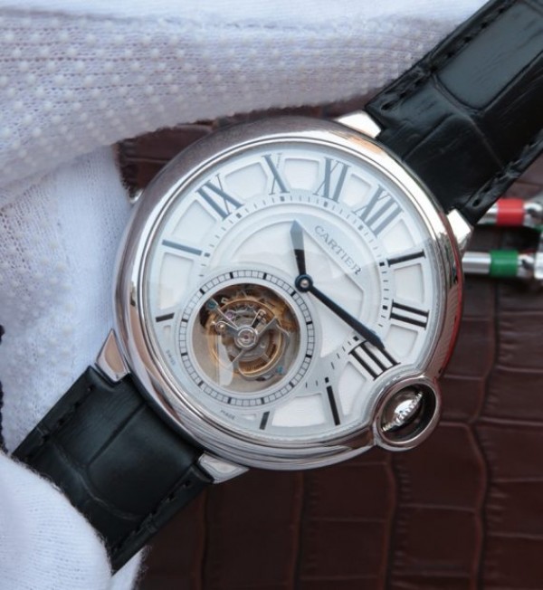 Replica Cartier Ballon Bleu Tourbillon 44mm SS Black Leather Strap