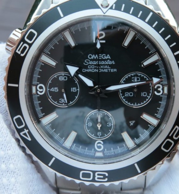 Replica Omega Seamaster Planet Ocean Chrono 45mm Black Dial Silver Markers SS Bracelet A7750