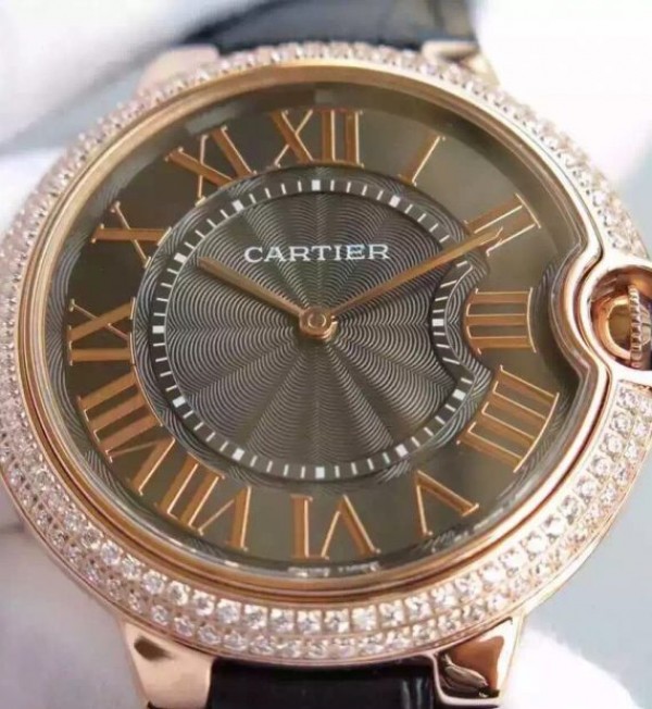Replica Cartier Ballon Bleu 40mm RG Diamonds Bezel Black Dial Leather Strap MIYOTA9015