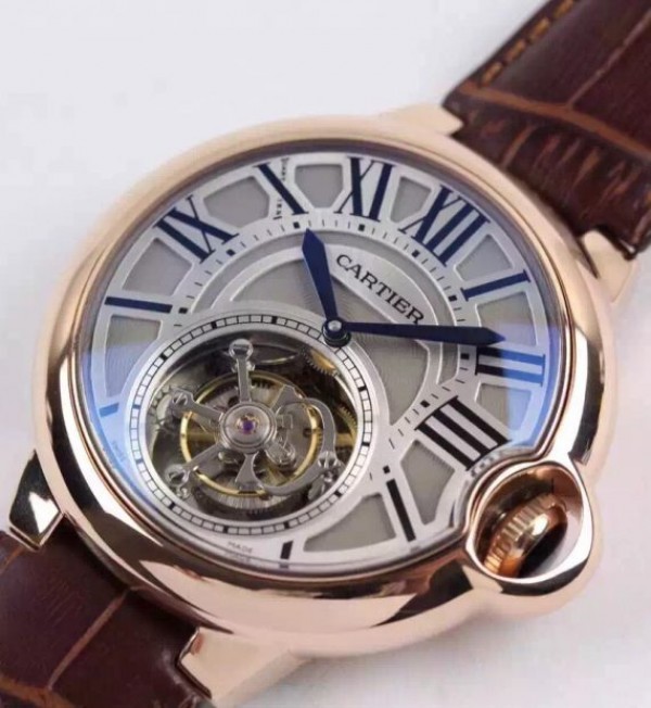 Replica Cartier Ballon de Cartier Tourbillon RG Gray Dial Leather Strap Flying Tour
