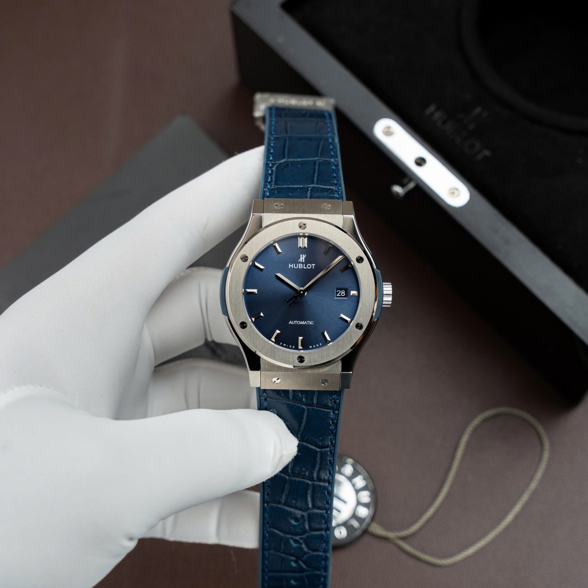 Hublot Classic Fusion Titanium Blue Replica Watches Movement SW300 Crocodile Leather Strap 42mm