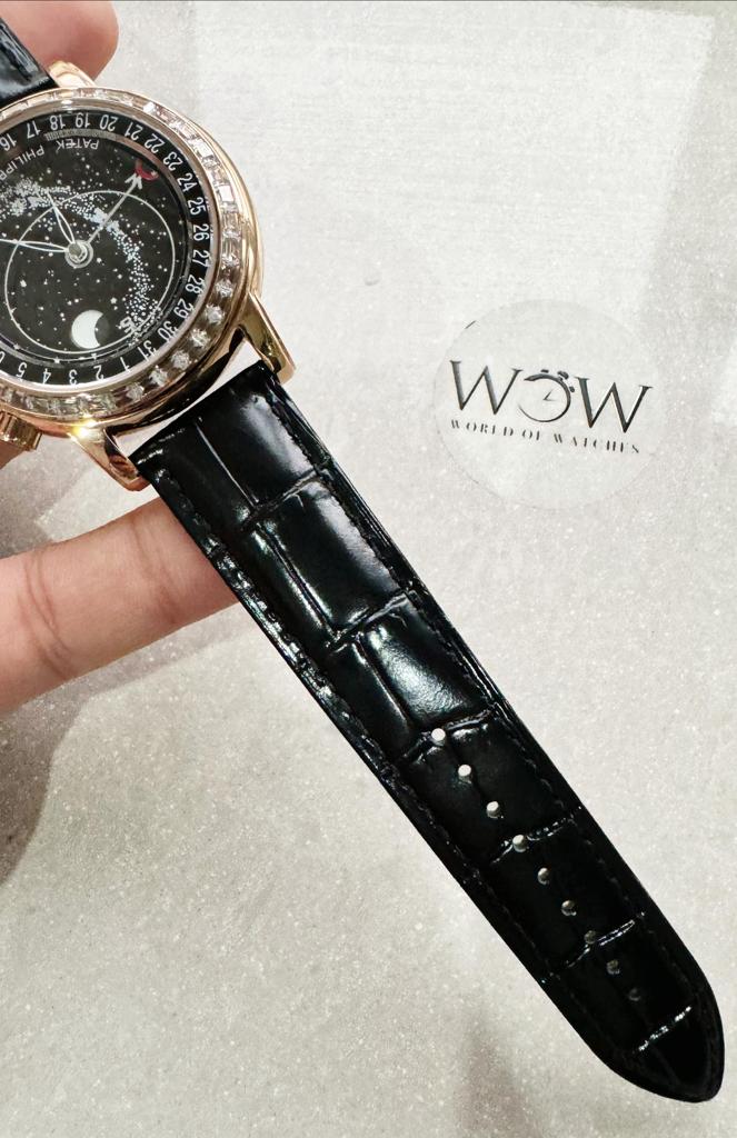 Replica PATEK PHILIPPE 6104P Moon RG Black Dial Diamond Bezel on Black Leather Strap A240 V2