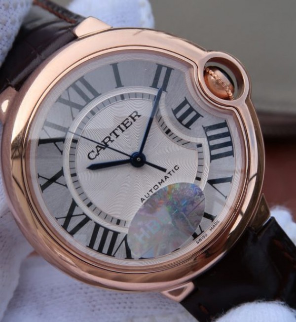 Replica Cartier V6 Ballon Bleu 36mm RG White Textured Dial Leather Strap