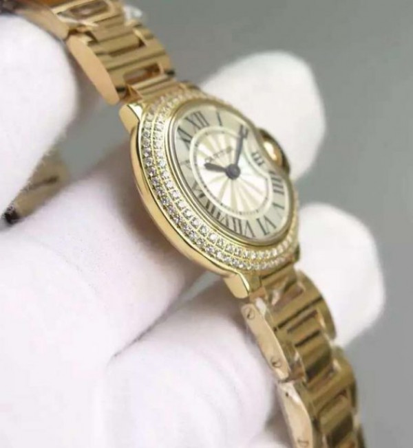 Replica Cartier Ballon Bleu 28mm YG Diamonds Bezel White Dial Bracelet Ronda Quartz
