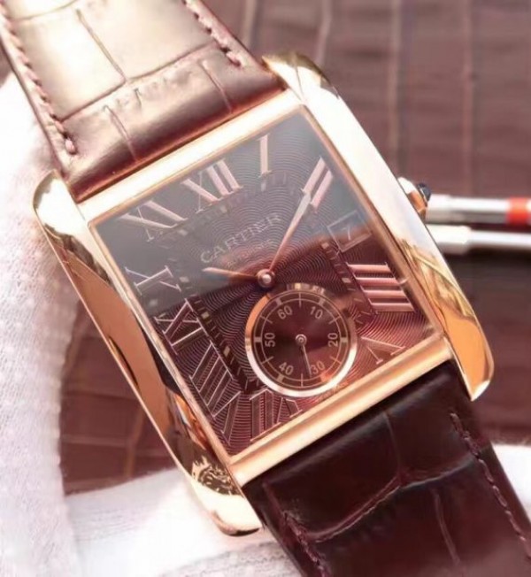 Replica Cartier Tank MC RG Brown Dial RG Mark Brown Leather Strap