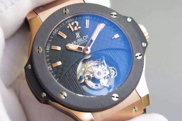Replica Hublot Big Bang Tourbillon RG Black Textured Dial Black Rubber Strap
