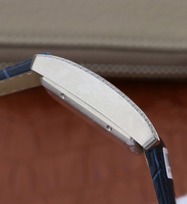 Replica Cartier Tank MC SS Blue Textured Dial Diamonds Bezel Leather Strap