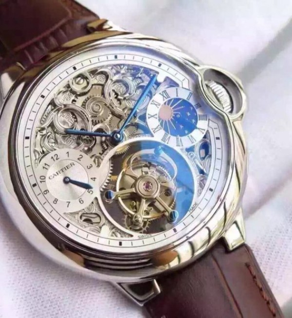 Replica Cartier Ballon Bleu Skeleton Tourbillon White Dial Brown Leather Strap