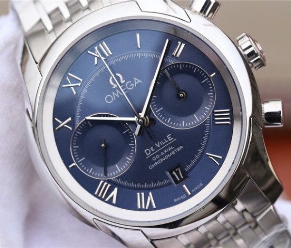 Replica Omega OMF De Ville Chronograph 42mm Blue Dial SS Bracelet A9300