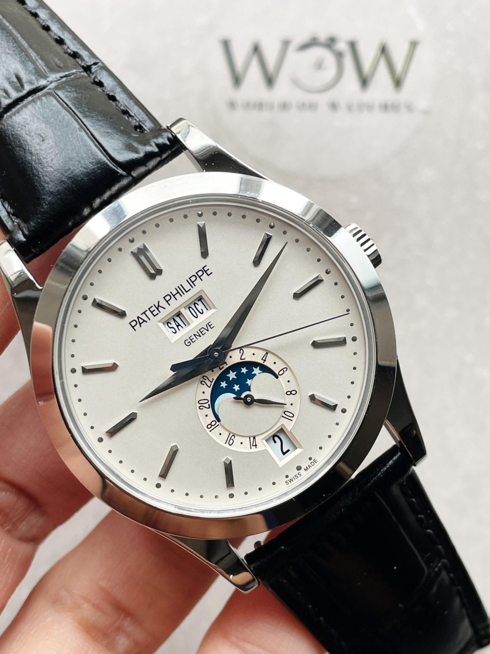 Replica PATEK PHILIPPE Annual Calendar Moonphase 5396 SS ZF 1:1 Best Edition White/Blue Dial on Black Leather Strap A324