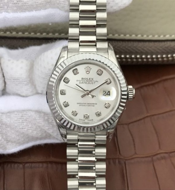 Replica Rolex DateJust 28mm Fluted Bezel White Dial Diamonds Markers Bracelet A2236