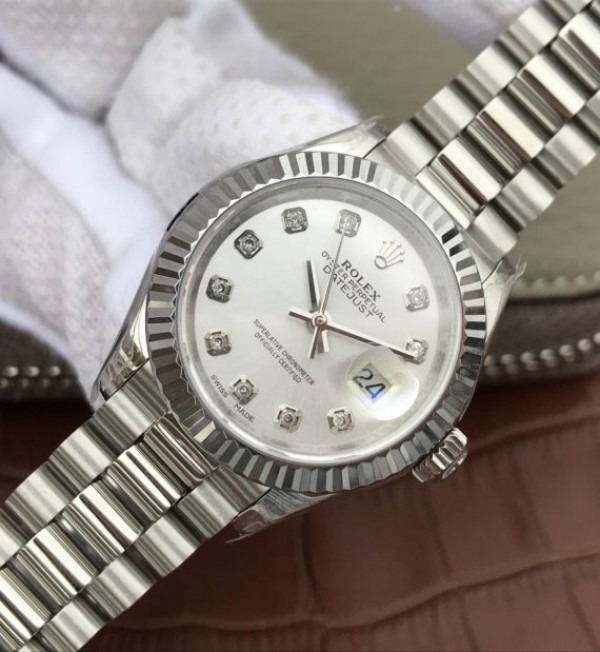Replica Rolex DateJust 28mm Fluted Bezel White Dial Diamonds Markers Bracelet A2236