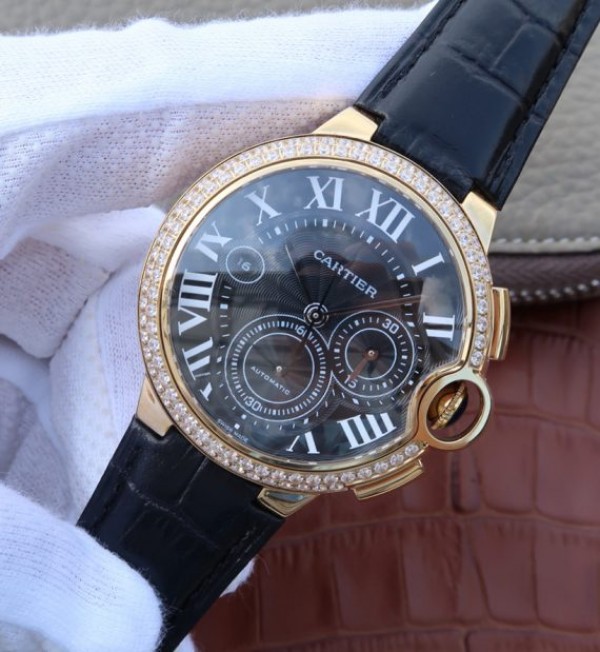 Replica Cartier Ballon Bleu De Cartier Chrono YG Black Dial Diamonds Bezel A8101