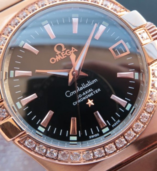 Replica Omega V6 Constellation RG Black Dial Diamonds Bezel RG Bracelet A2500