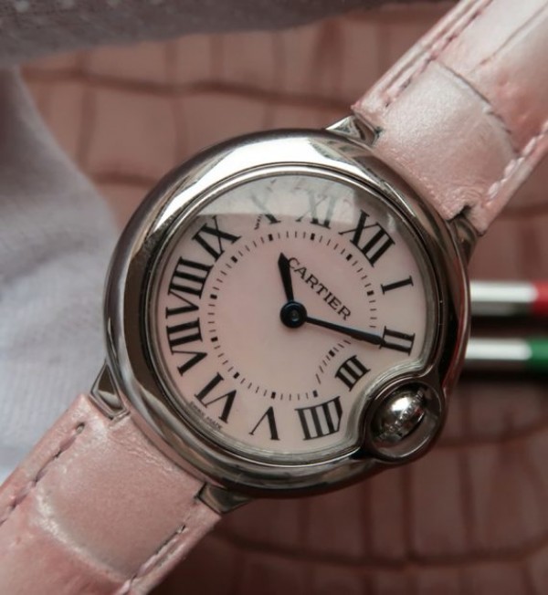 Replica Cartier Ballon Bleu Ladies 28MM White Dial Pink Leather Strap Ronda Quartz