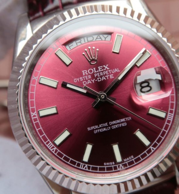 Replica Rolex Day-Date 36mm 118139-L Red Dial Stick Markers Brown Leather Strap A2836