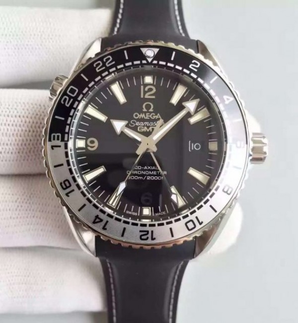 Replica Omega Planet Ocean 600M GMT Black/Silver Bezel Black Dial Rubber Strap A8906