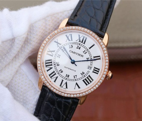 Replica Cartier Ronde De Cartier RG White Dial Diamonds Bezel Croco Strap A2892