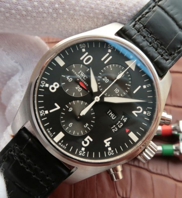 Replica IWC Pilot  Chrono IW377701 Black Dial Leather Strap