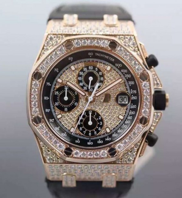 Replica Audemars Piguet JF Royal Oak Offshore RG Full Paved Diamonds Leather Strap A7750