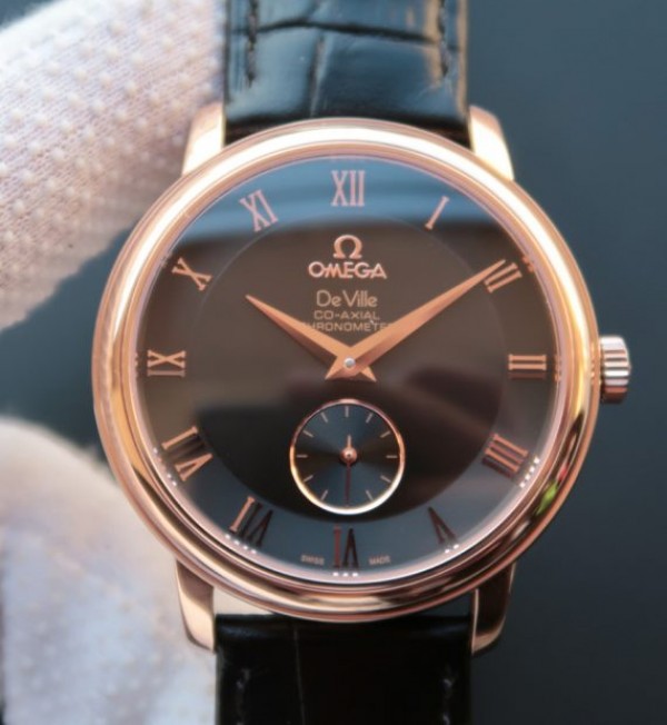 Replica Omega MKF De Ville 39mm RG Co-Axial Black Dial Brown Leather A2202