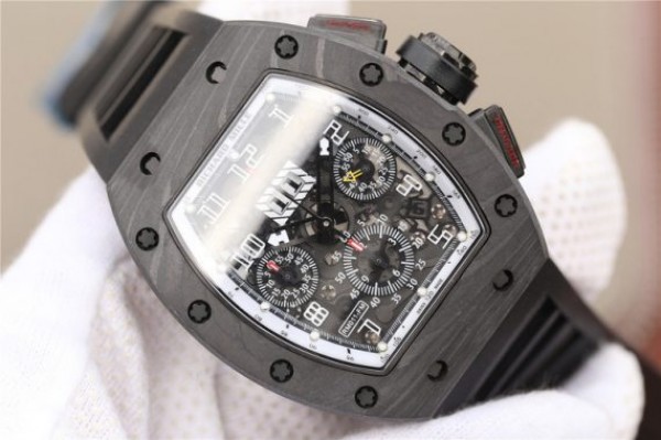 Replica Richard Mille RM011 NTPT Carbon Case Chronograph KVF Skeleton Dial White Inner Bezel Black Rubber Strap A7750