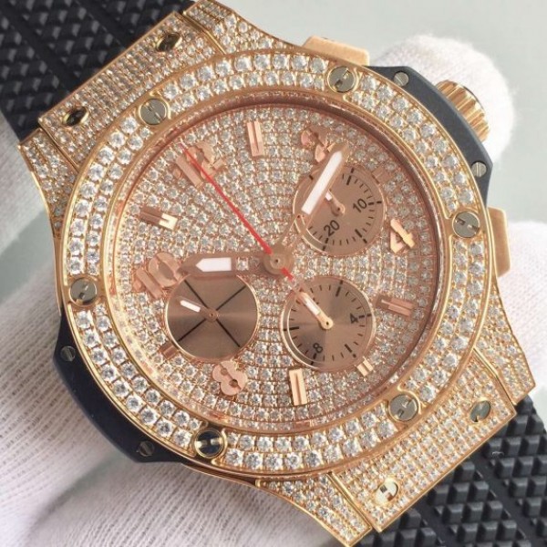 Replica Hublot Big Bang Gold Full Pave Chrono RG Diamonds Dial Black Rubber Strap A7750