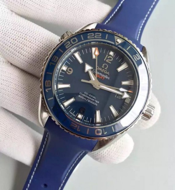 Replica Omega Planet Ocean SS GMT Blue Dial Silver Markers Blue Rubber Strap A8605