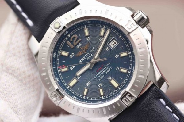 Replica Breitling Colt Automatic 44mm SS GF Blue Textured Dial Blue Leather Strap A2824