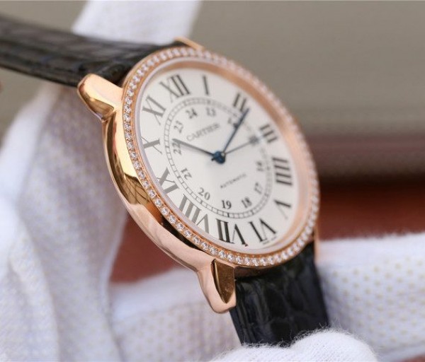 Replica Cartier Ronde De Cartier RG White Dial Diamonds Bezel Croco Strap A2892
