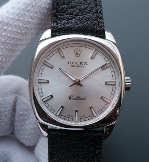 Replica Rolex Cellini Danaos 4243 SS Silver Dial Black Leather Strap A2824