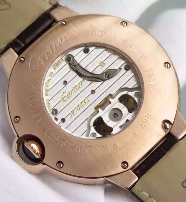 Replica Cartier Ballon Bleu Tourbillon RG Diamond Bezel Brown Leather Strap