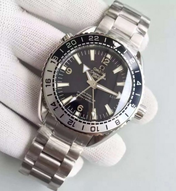 Replica Omega Planet Ocean 600M GMT Black/Silver Bezel Black Dial SS Bracelet A8906