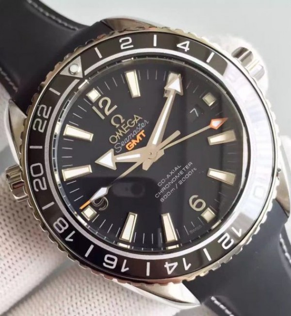 Replica Omega Planet Ocean SS GMT Black Dial Silver Markers Black Rubber Strap A8605