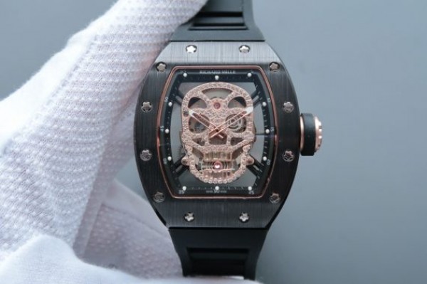 Replica Richard Mille RM052 Black Ceramic Full Paved Diamonds Skull Dial Black Rubber Strap MIYOTA8215