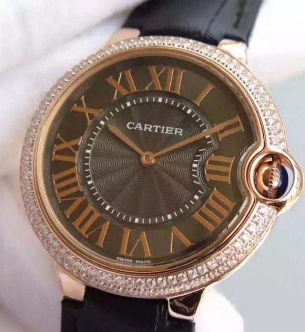 Replica Cartier Ballon Bleu 40mm RG Diamonds Bezel Black Dial Leather Strap MIYOTA9015