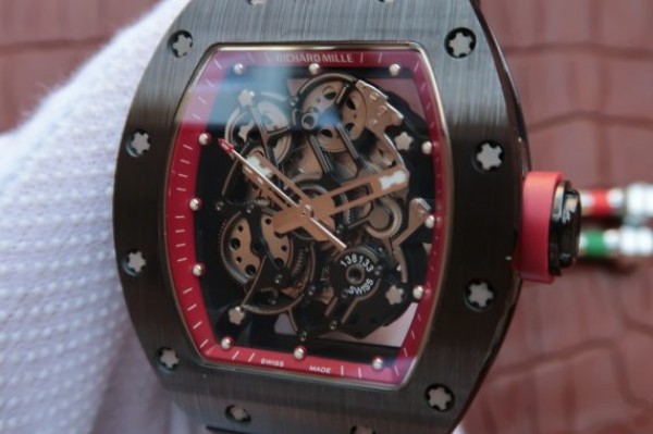 Replica Richard Mille RM055 Black Ceramic Red Inner Bezel Skeleton Dial Black Rubber Strap MIYOTA8215